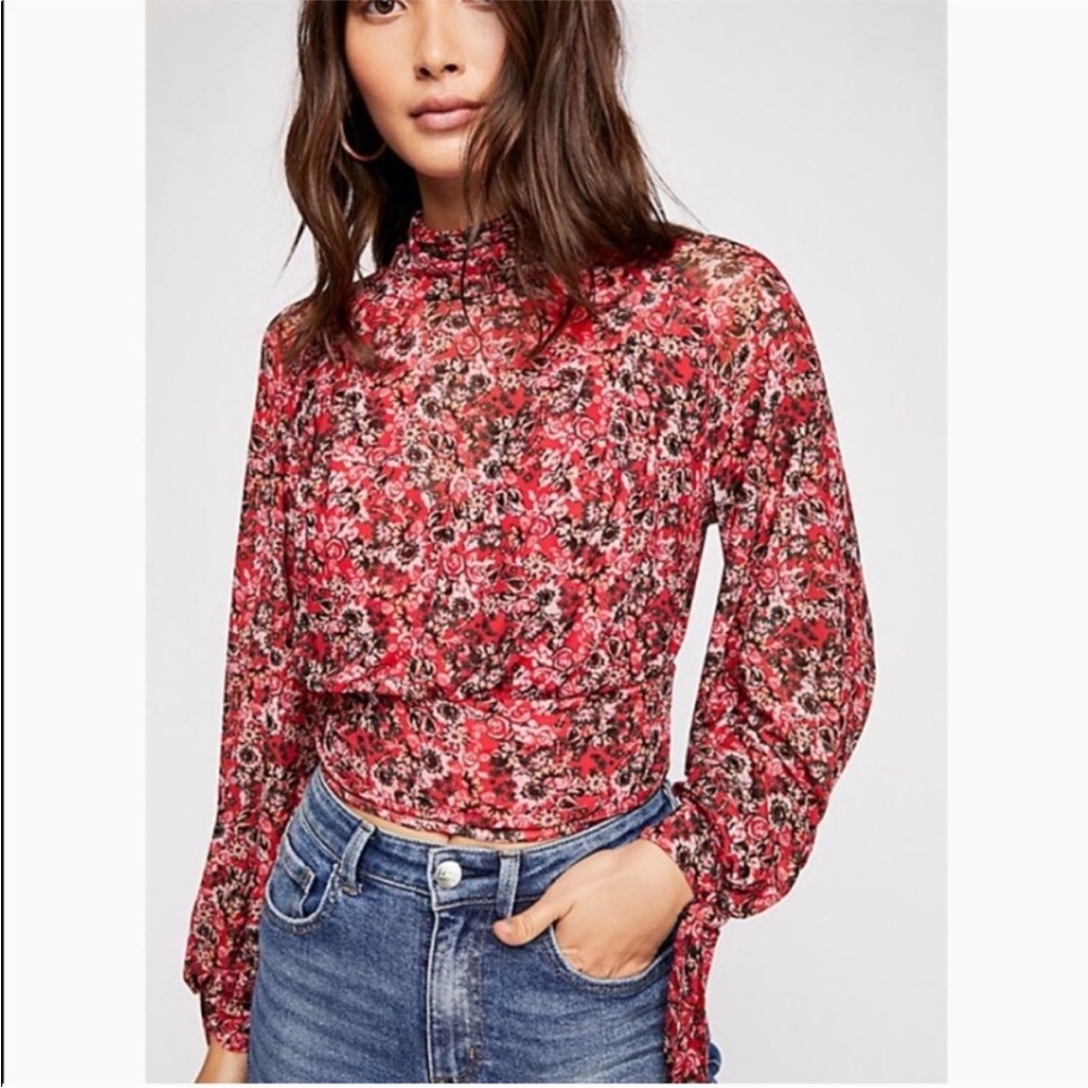 Free People Red Long Sleeve High Low Blouse All Dolled up